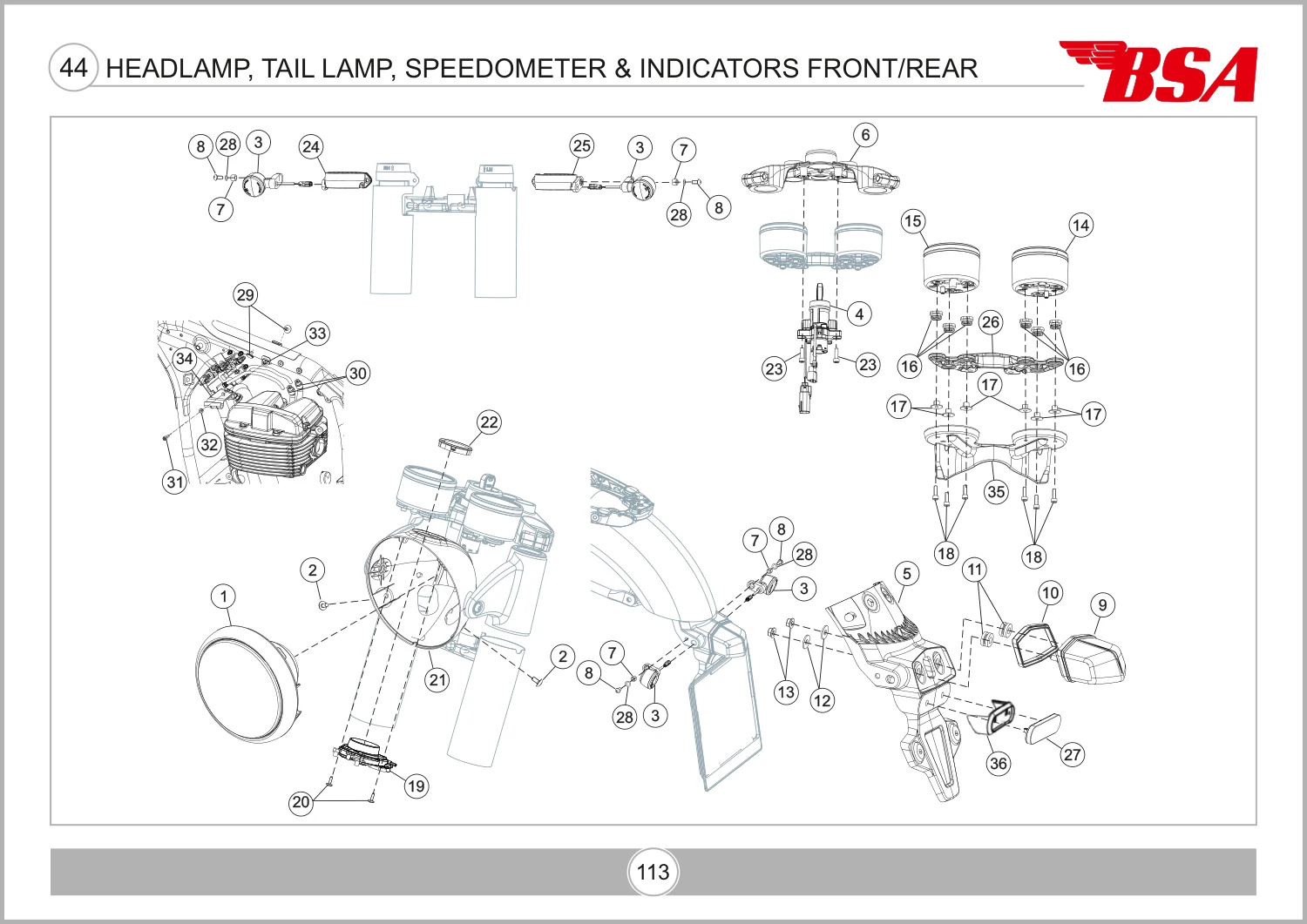 Headlamp, Tail Lamp, Speedometer & Indicators Front/Rear drawing