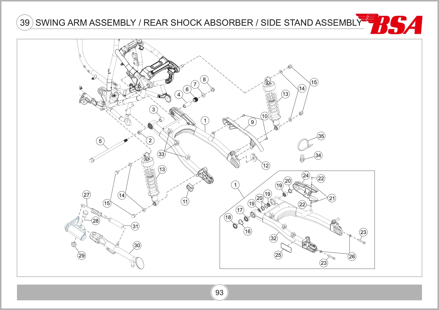 Swing Arm Assembly / Rear Shock Absorber / Side Stand Assembly drawing