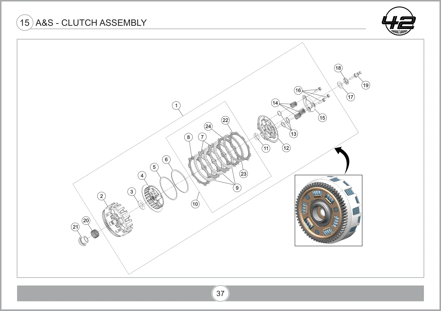 Jawa 42 FJ A&S - Clutch Assembly exploded assembly diagram, catalogue page 37