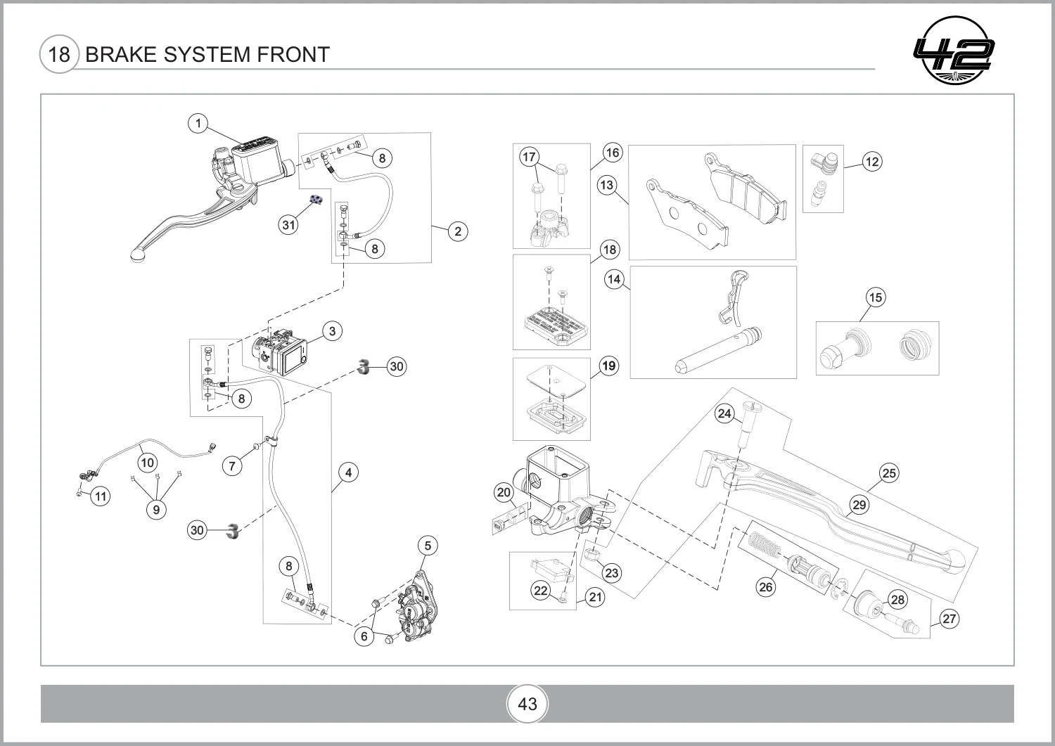 Pad Spring Kit T1901KY50030N — reference 14 in the Jawa 42 FJ Brake System Front assembly drawing