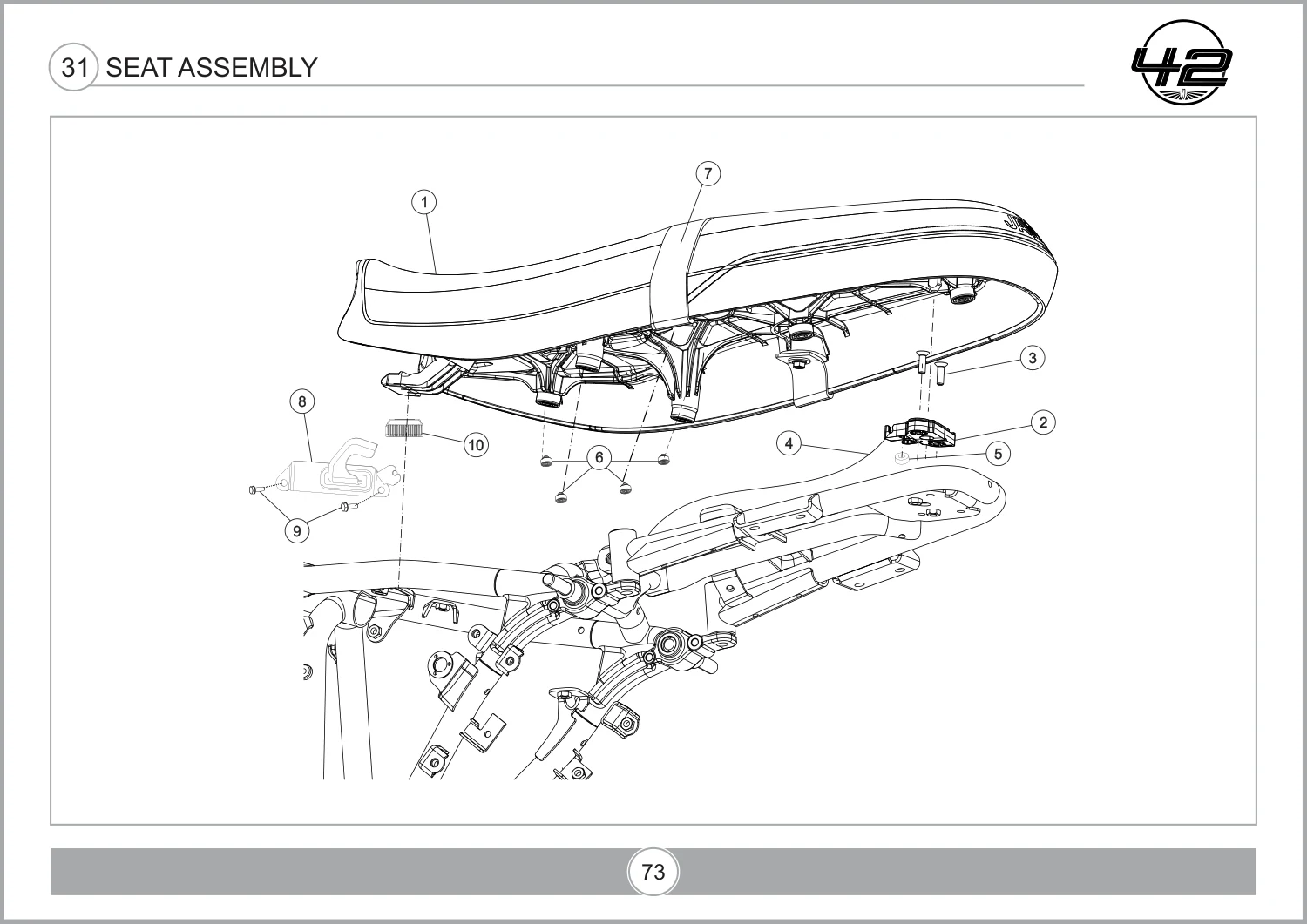Seat Latch (A02) MF01450000400 — reference 2 in the Jawa 42 FJ Seat Assembly assembly drawing