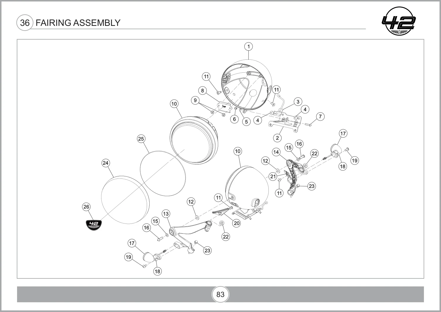 Cable Protector RH T13190J10050N — reference 21 in the Jawa 42 FJ Fairing Assembly assembly drawing