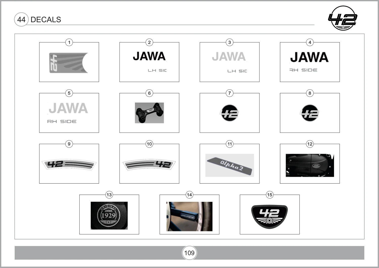 Decal Side Panel LH T13200J10270N — reference 7 in the Jawa 42 FJ Decals assembly drawing
