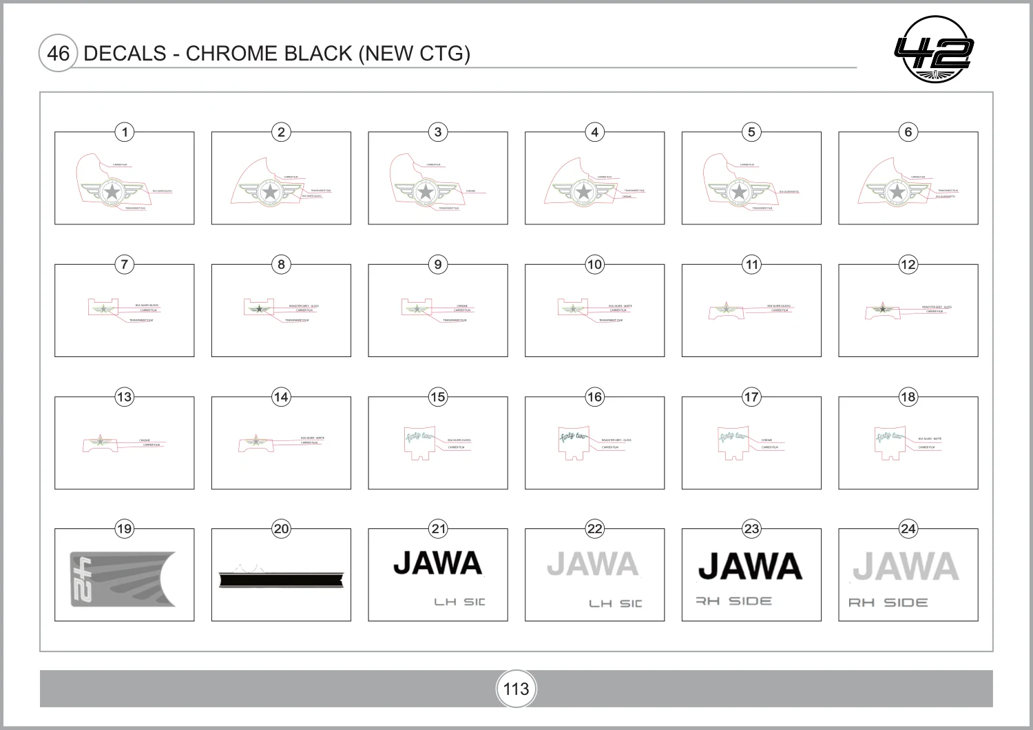 Decal Side Panel LH T13200J10540N — reference 1 in the Jawa 42 FJ Decals - Chrome Black (New Ctg) assembly drawing