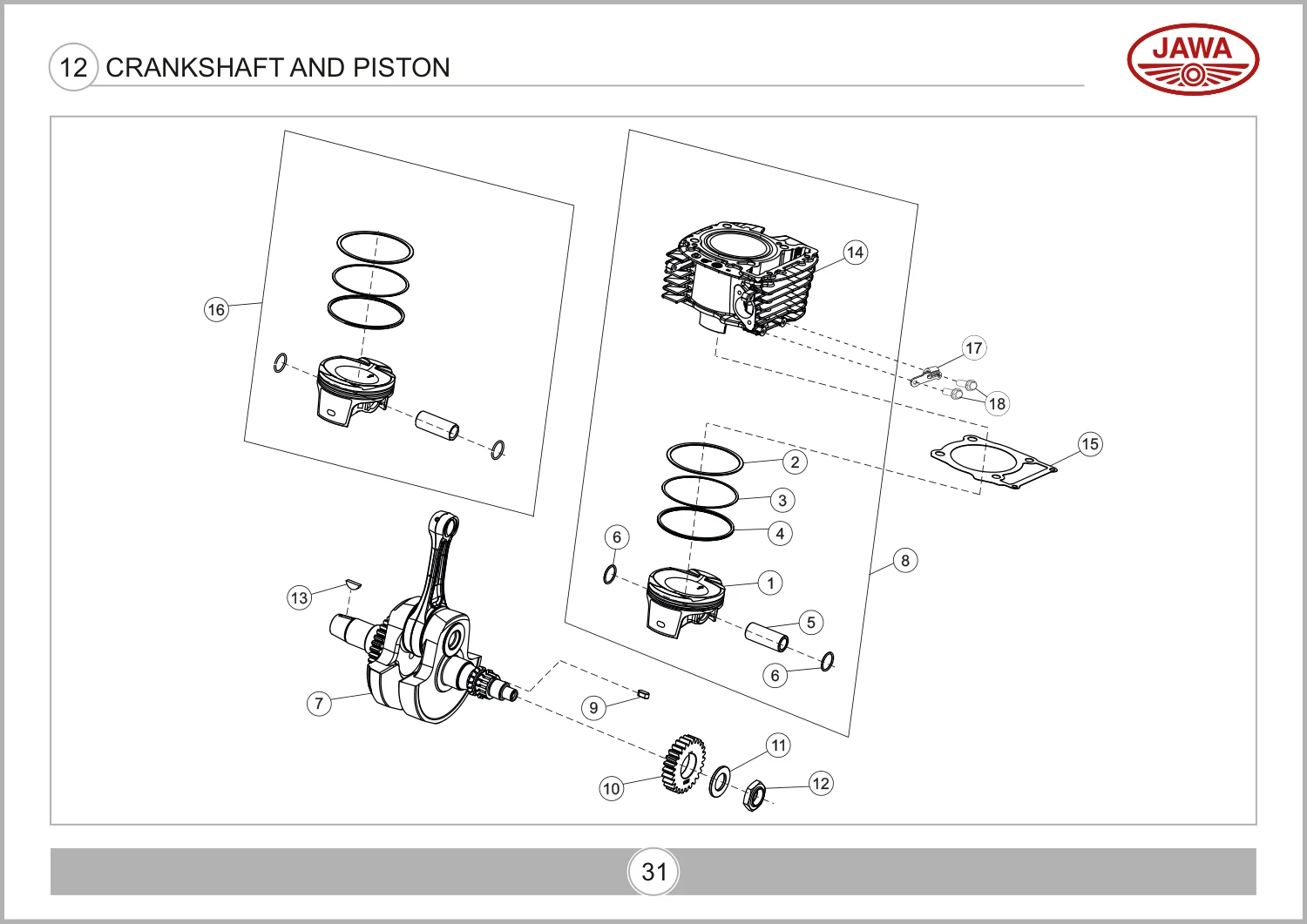 Ring Piston Second T0210BUF0350N — reference 3 in the Jawa 42 OG All Star Crankshaft And Piston assembly drawing