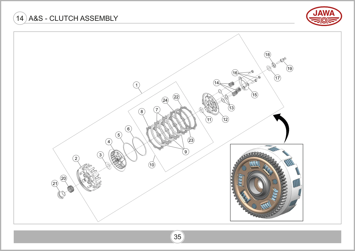 Jawa 42 OG All Star A&S - Clutch Assembly exploded assembly diagram, catalogue page 35