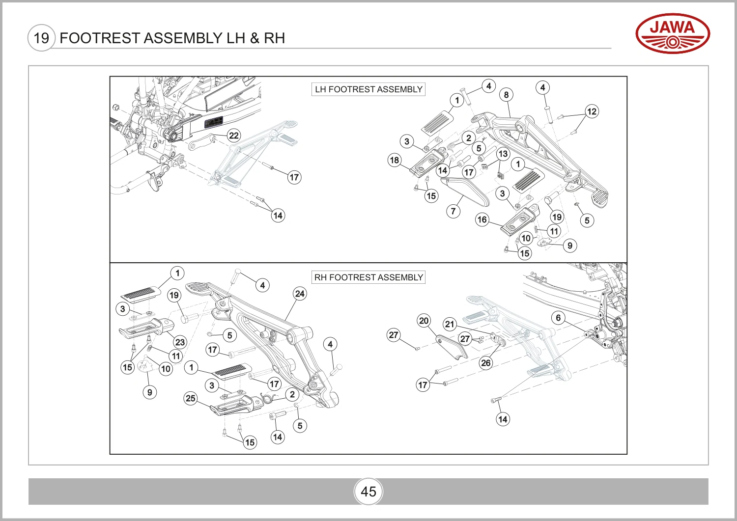 Jawa 42 OG All Star Footrest Assembly LH & RH exploded assembly diagram, catalogue page 45