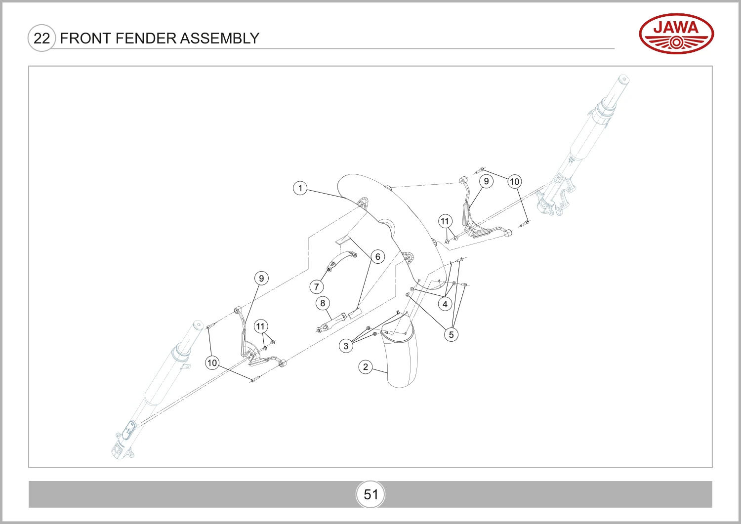 Foam Battery Clamp T1503AKG0460N — reference 6 in the Jawa 42 OG All Star Front Fender Assembly assembly drawing