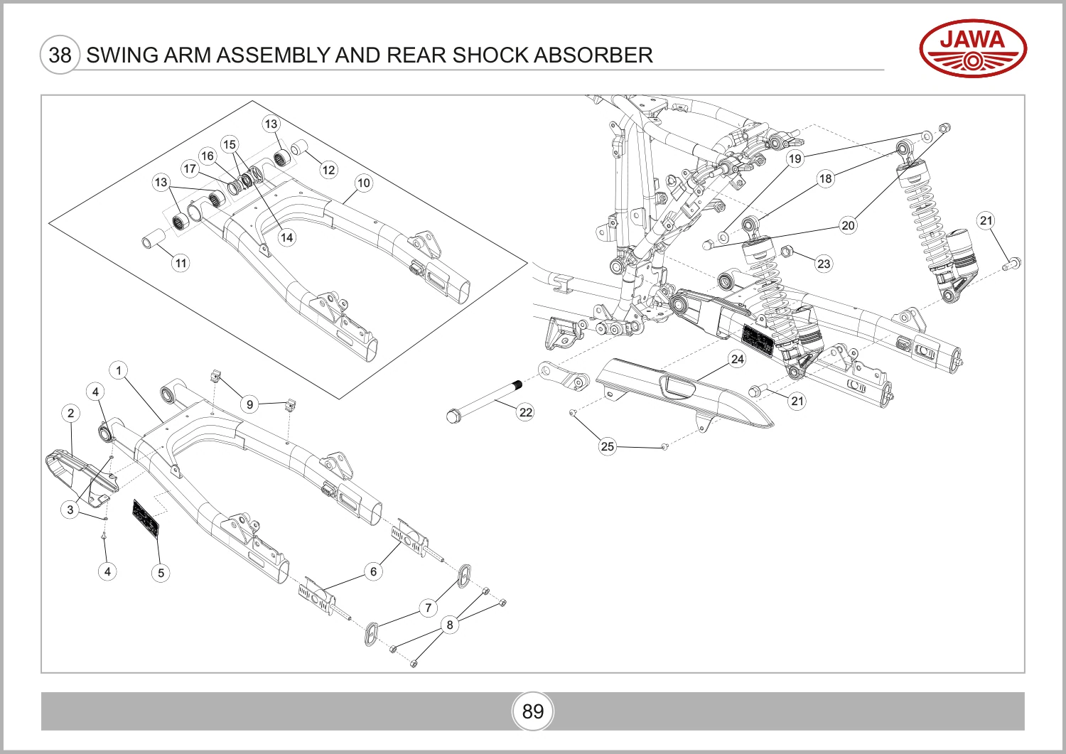 Bracket Rear Wheel Adjuster T11010J10070N — reference 6 in the Jawa 42 OG All Star Swing Arm Assembly And Rear Shock Absorber assembly drawing
