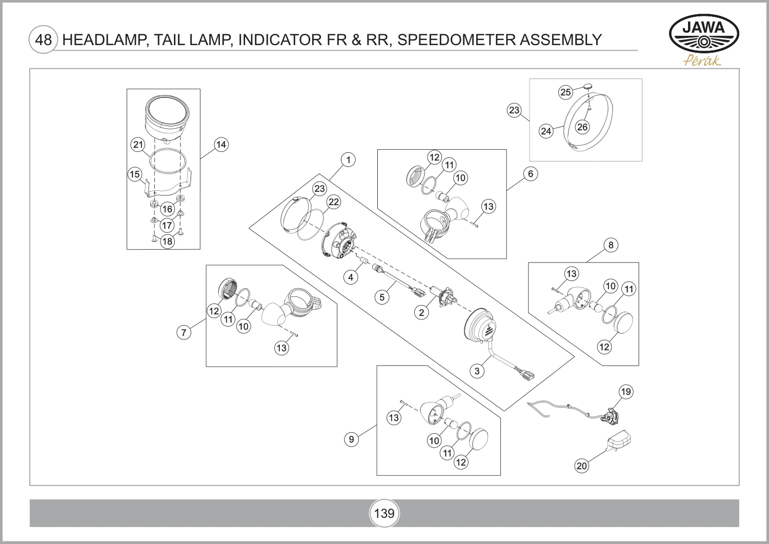 Headlamp, Tail Lamp, Indicator Fr & RR, Speedometer Assembly drawing