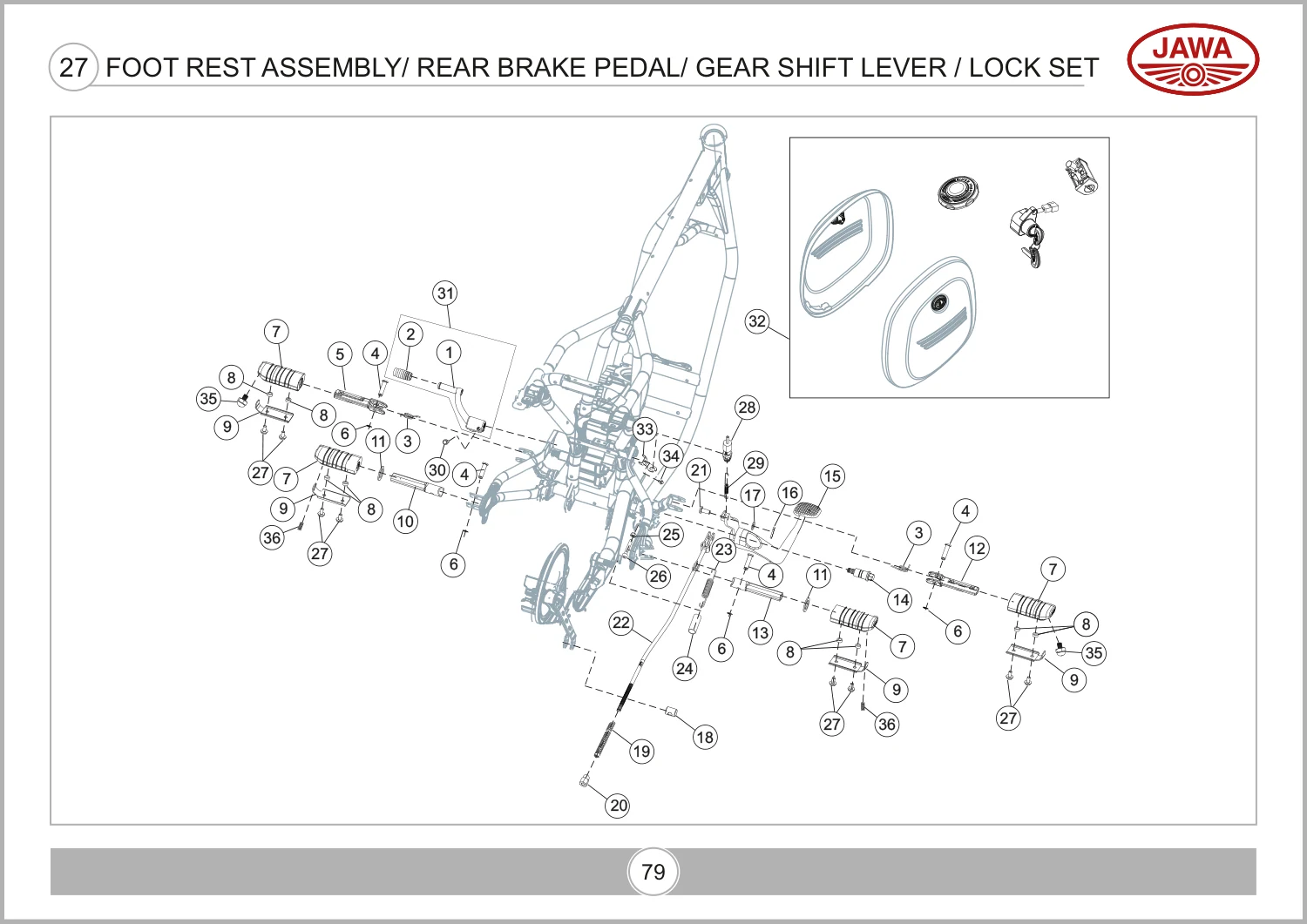Foot Rest Assembly/ Rear Brake Pedal/ Gear Shift Lever / Lock Set drawing