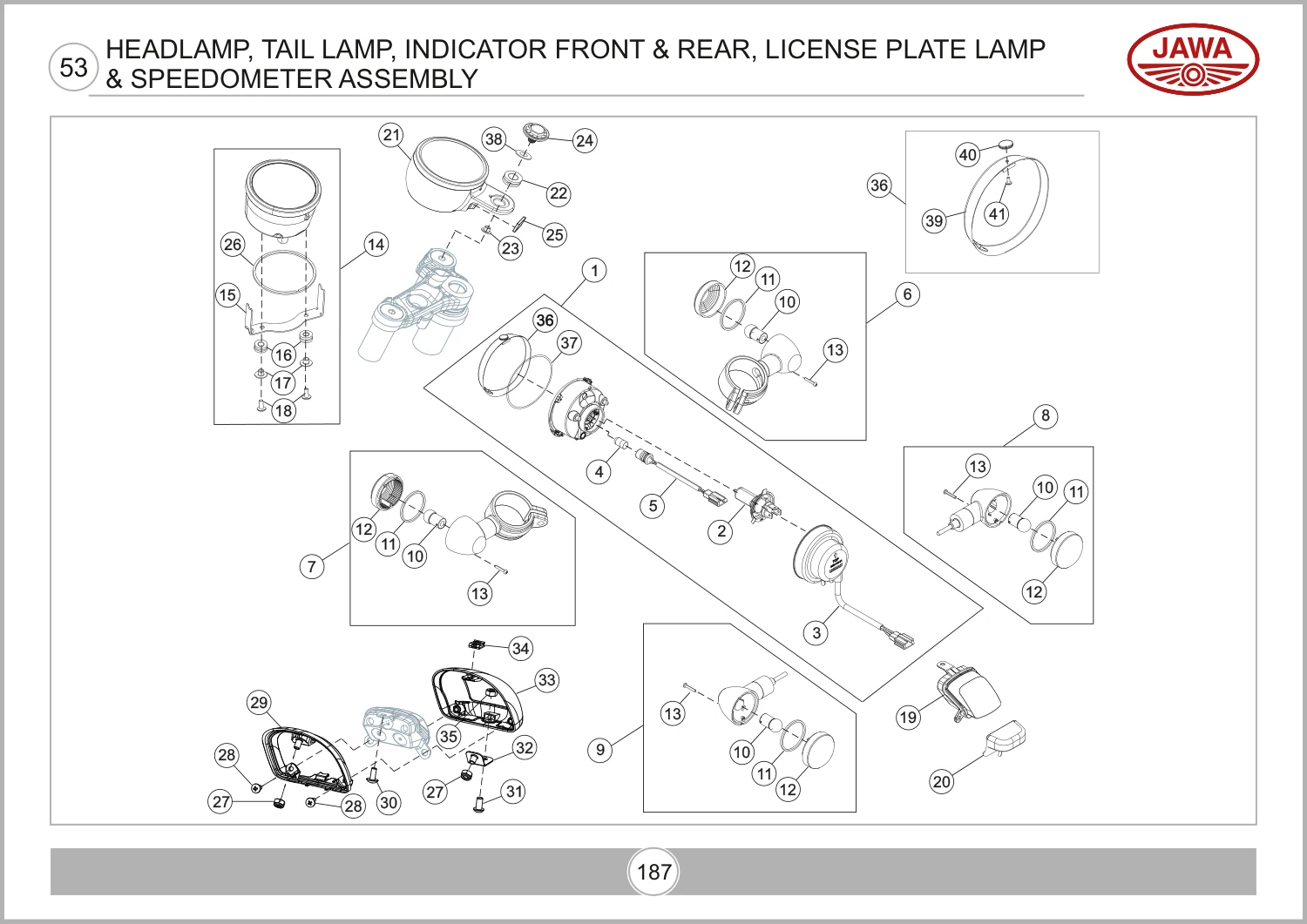 Headlamp, Tail Lamp, Indicator Front & Rear, License Plate Lamp & Speedometer Assembly drawing