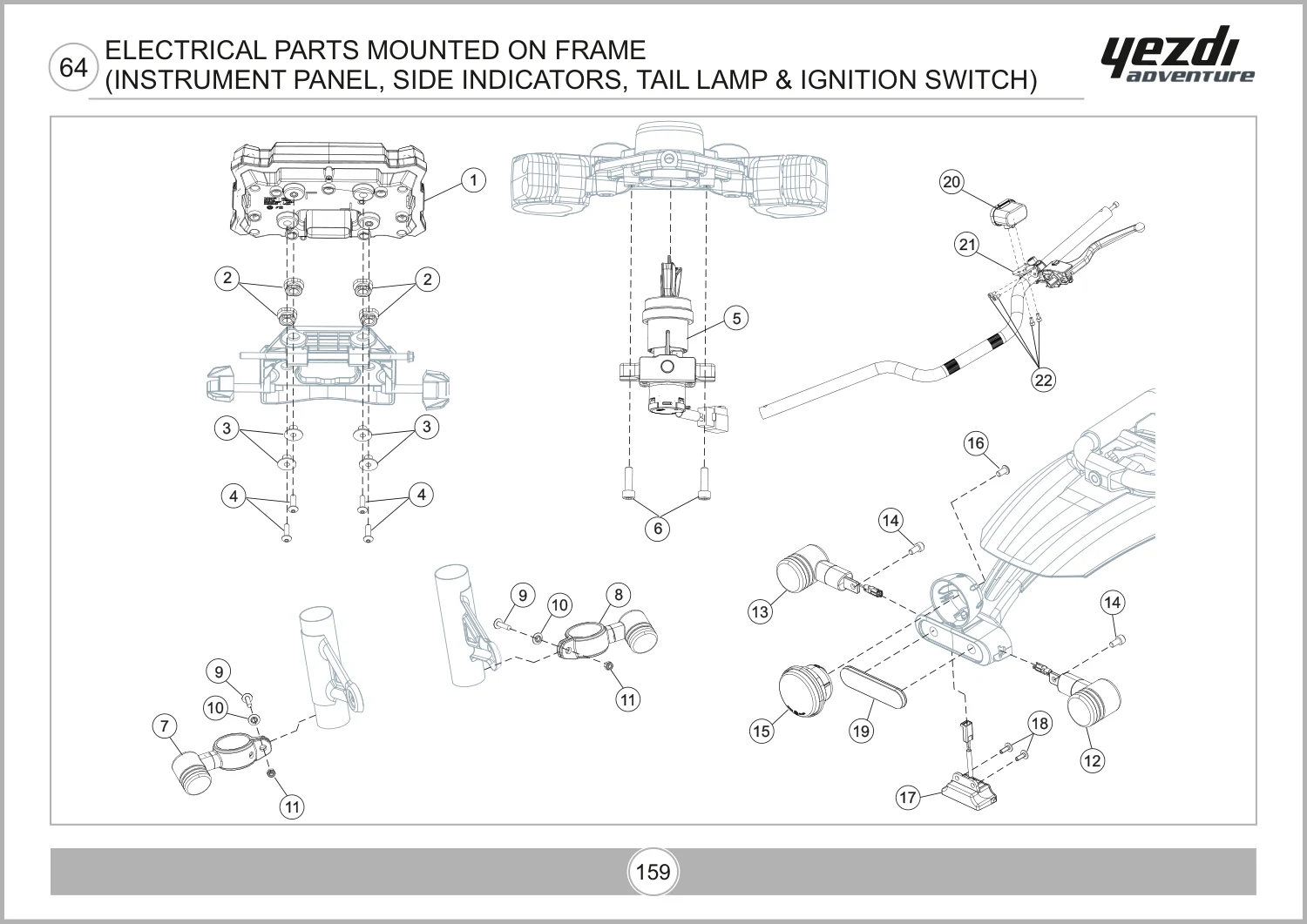 Electrical Parts Mounted On Frame (Instrument Panel, Side Indicators, Tail Lamp & Ignition Switch) drawing