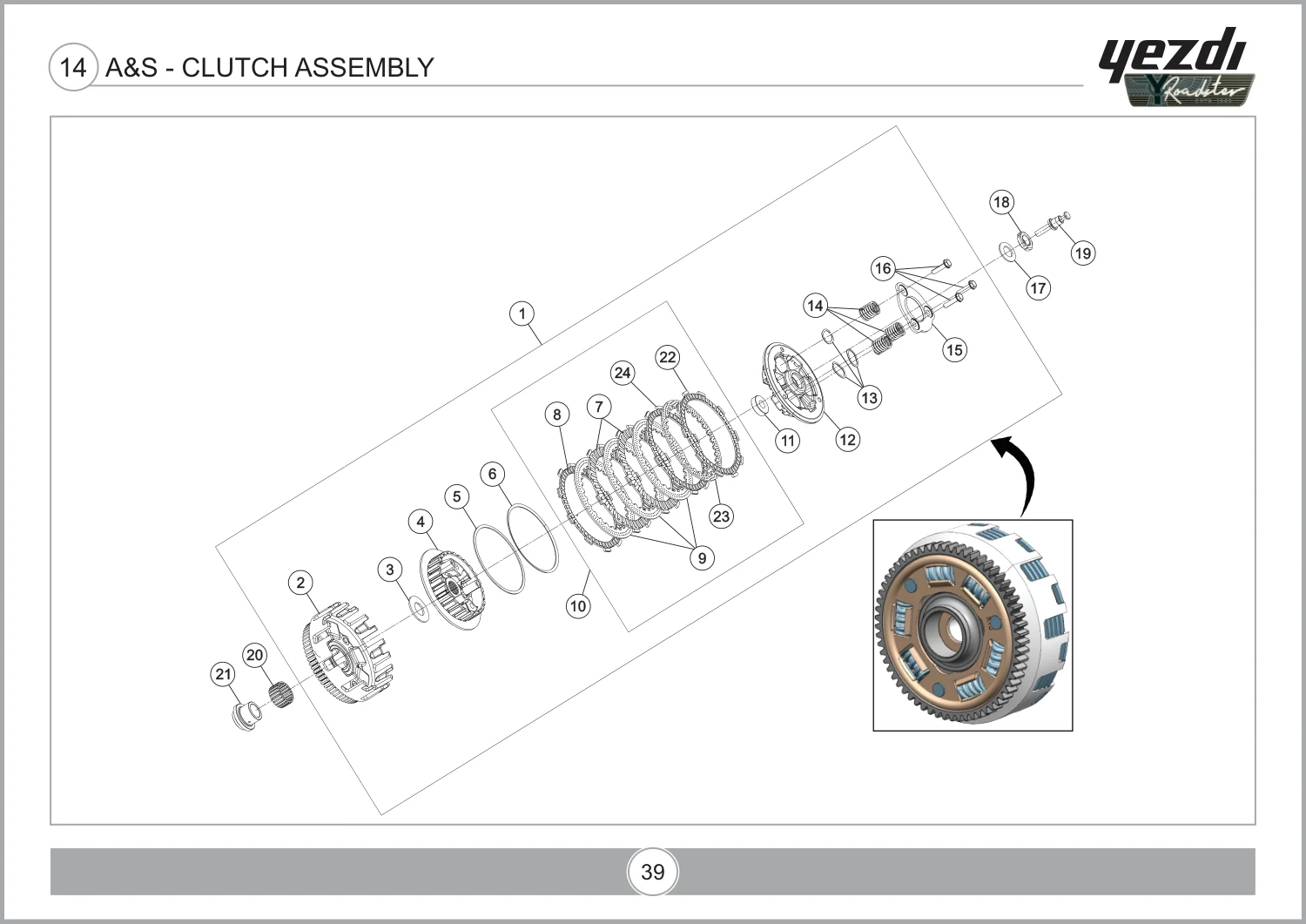 Yezdi Roadster Mark II A&S - Clutch Assembly exploded assembly diagram, catalogue page 39