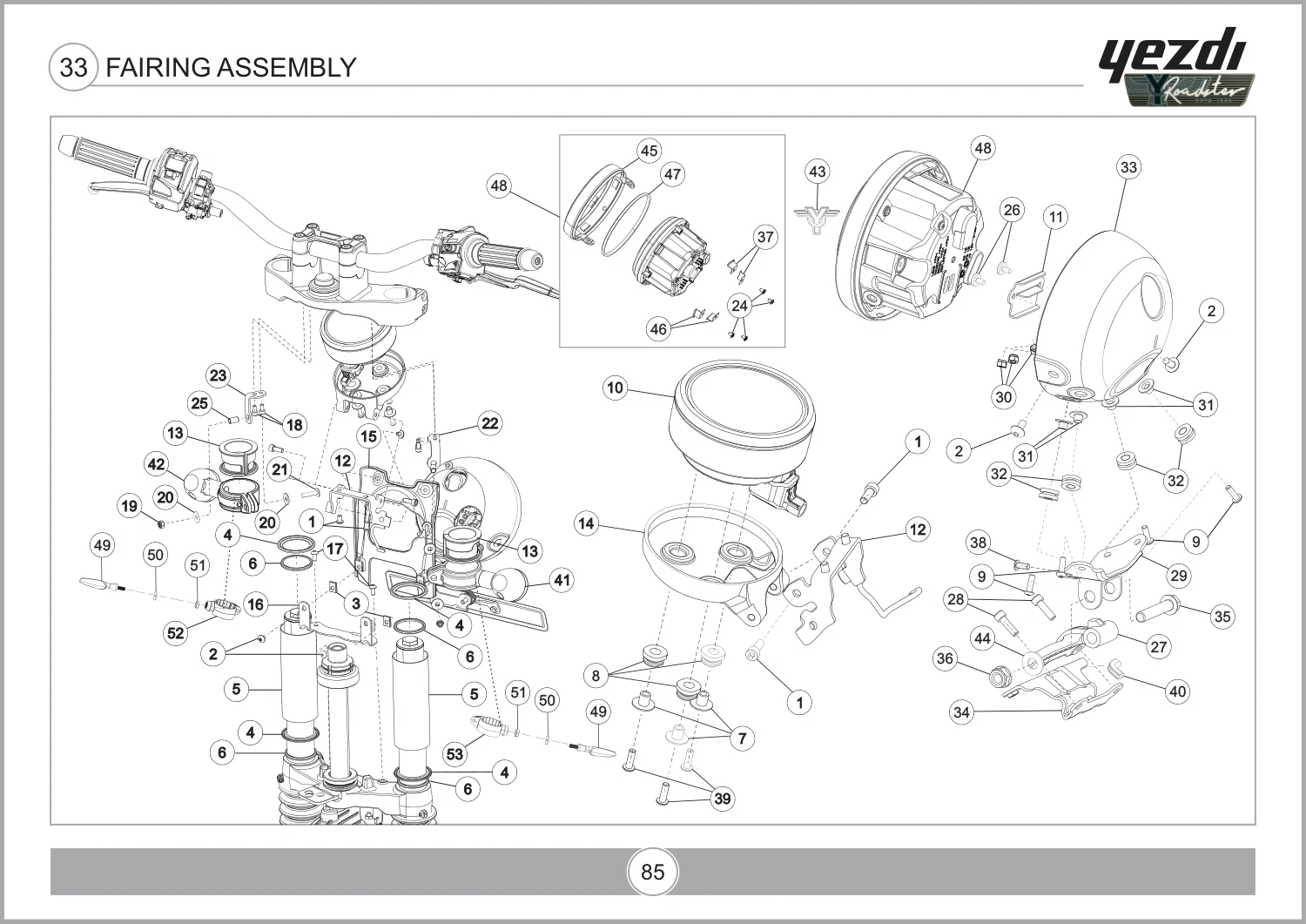 Bracket Headlamp Mounting T13190B10040N — reference 27 in the Yezdi Roadster Mark II Fairing Assembly assembly drawing
