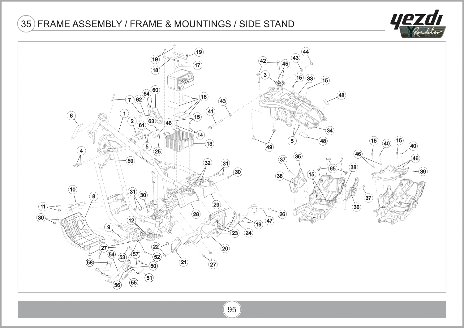 Rear Fender Front T13070J20200N — reference 20 in the Yezdi Roadster Mark II Frame Assembly / Frame & Mountings / Side Stand assembly drawing