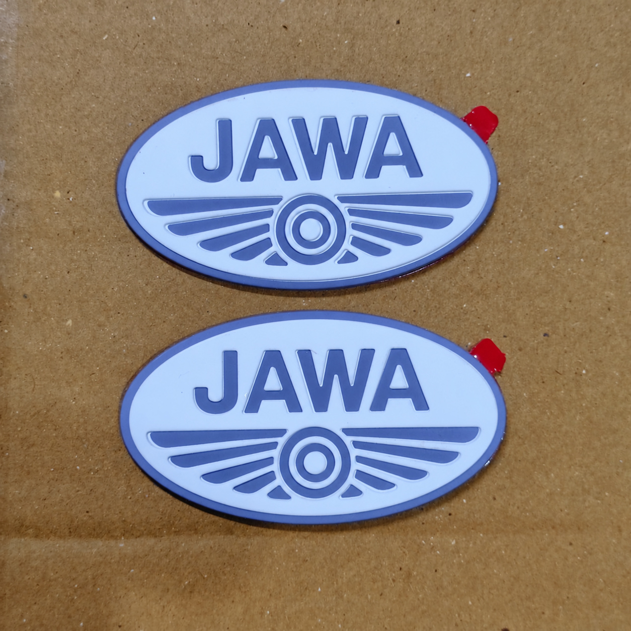 Jawa Tank Monogram Badges - White and Grey, Pair