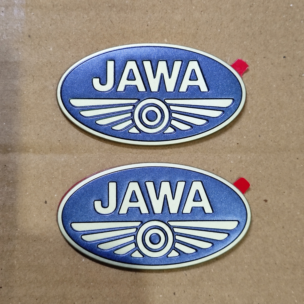 Jawa Tank Monogram Badges - Blue and Gold, Pair