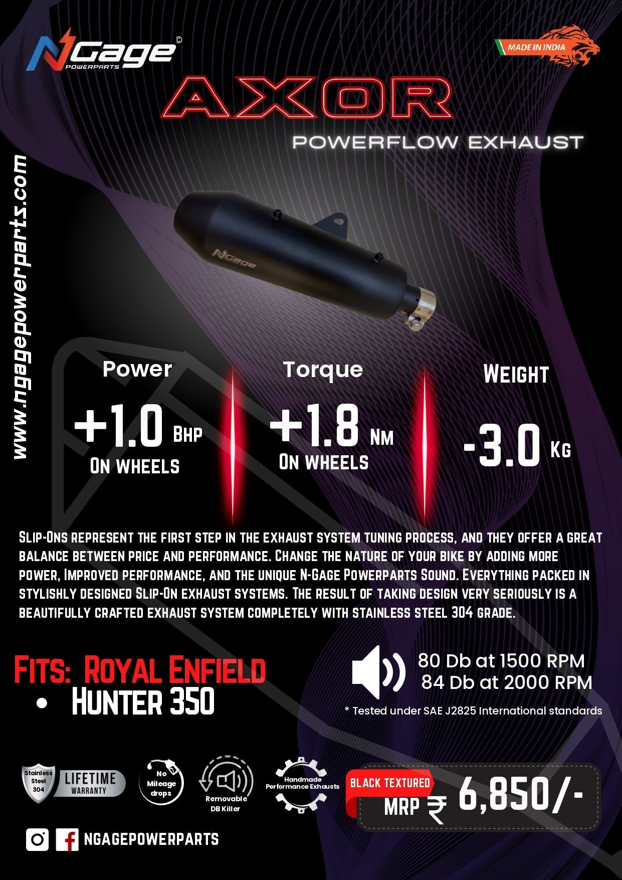 Ngage Powerparts Axor Powerflow Slip-On Exhaust for Royal Enfield Hunter 350 | Stainless Steel 304 | +1.0 BHP & +1.8 Nm Torque