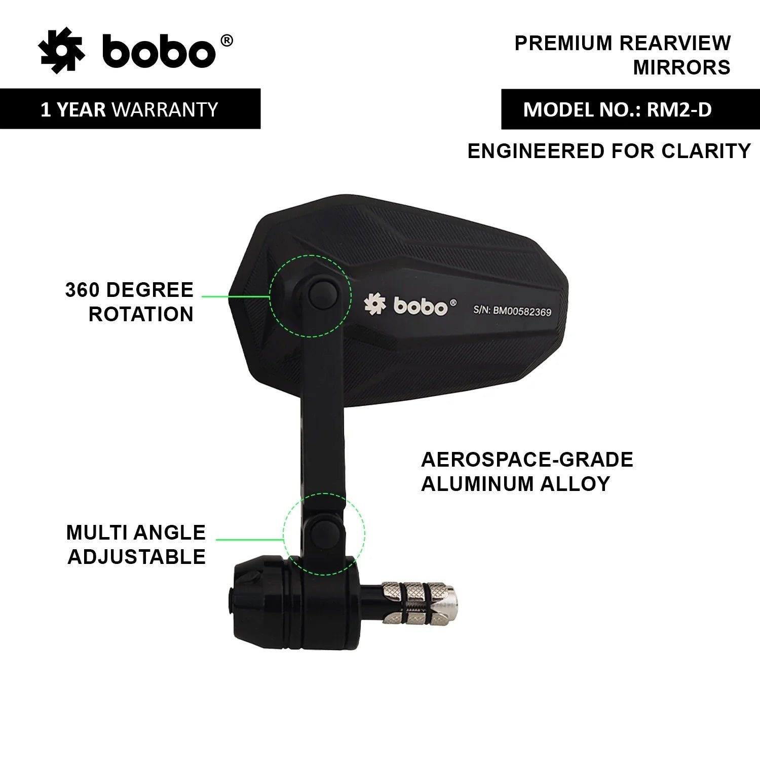 BOBO RM2-D Anti-Glare, Anti-Fog Bike Bar End Mirror image 4
