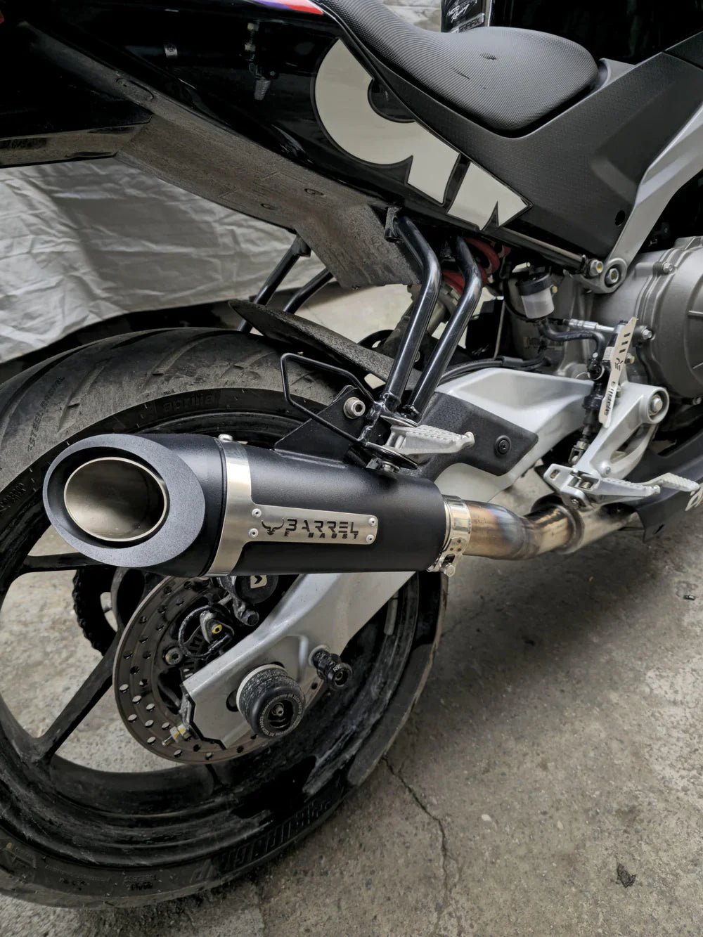 Barrel Outlaw 2.0 Full System Exhaust for Aprilia RS457 with Header Pipe | 304 Stainless Steel Performance Exhaust (Side Exit & Underbelly) — Side Exit image 3