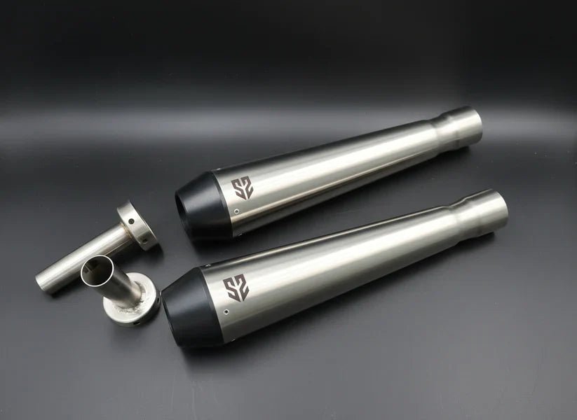 SS Motocorp Adaptable Slip-On Exhaust (Pair) Conical Tip Slim Cans for Royal Enfield Interceptor 650 / Continental GT 650 Steel Finish — Matte Finish Body image 2