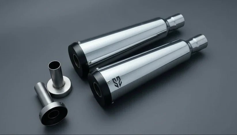 SS Motocorp Adaptable Slip-On Exhaust (Pair) Fat Cans for Royal Enfield Interceptor 650 / Continental GT 650 | Matte, Mirror & Black Finish — Mirror Finish