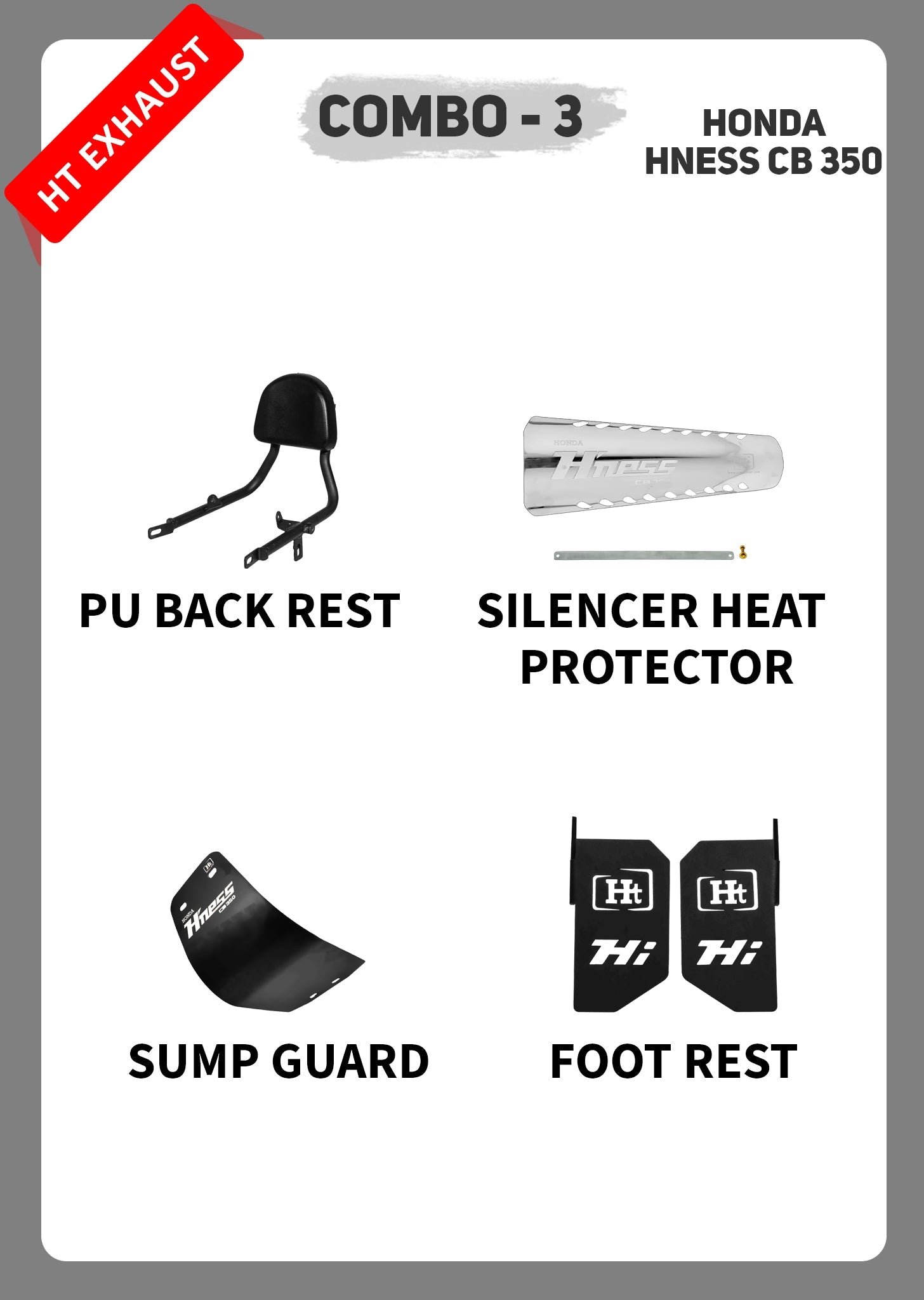 COMBO 3 HNESS CB 350 PU SEAT REST + SILENCER HEAT PROTECTOR + SUMP GUARD + FOOTREST