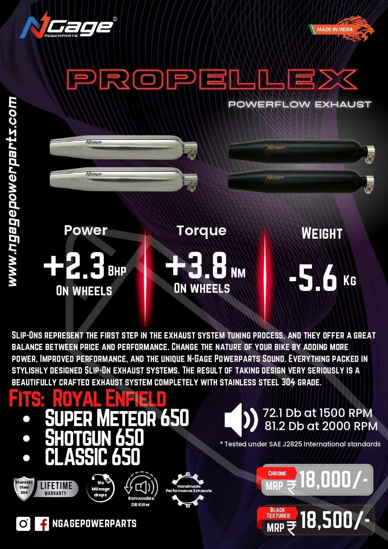 Ngage Powerparts Propellex Powerflow Exhaust Slip-On Exhaust for Royal Enfield Super Meteor 650, Shotgun 650 & Classic 650 | SS304 Stainless Steel | +2.3 BHP & +3.8 Nm Torque — Black