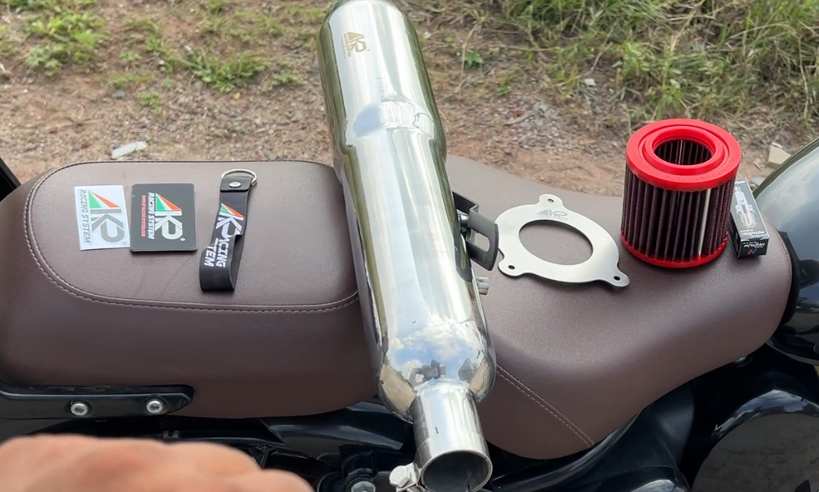 KP Racing Thor Performance Exhaust Combo Kit Silver – Stainless Steel 304 with Air Filter, Iridium Spark Plug & Stage 2 Air Filter Plate | Royal Enfield Stage 2 Upgrade Kit