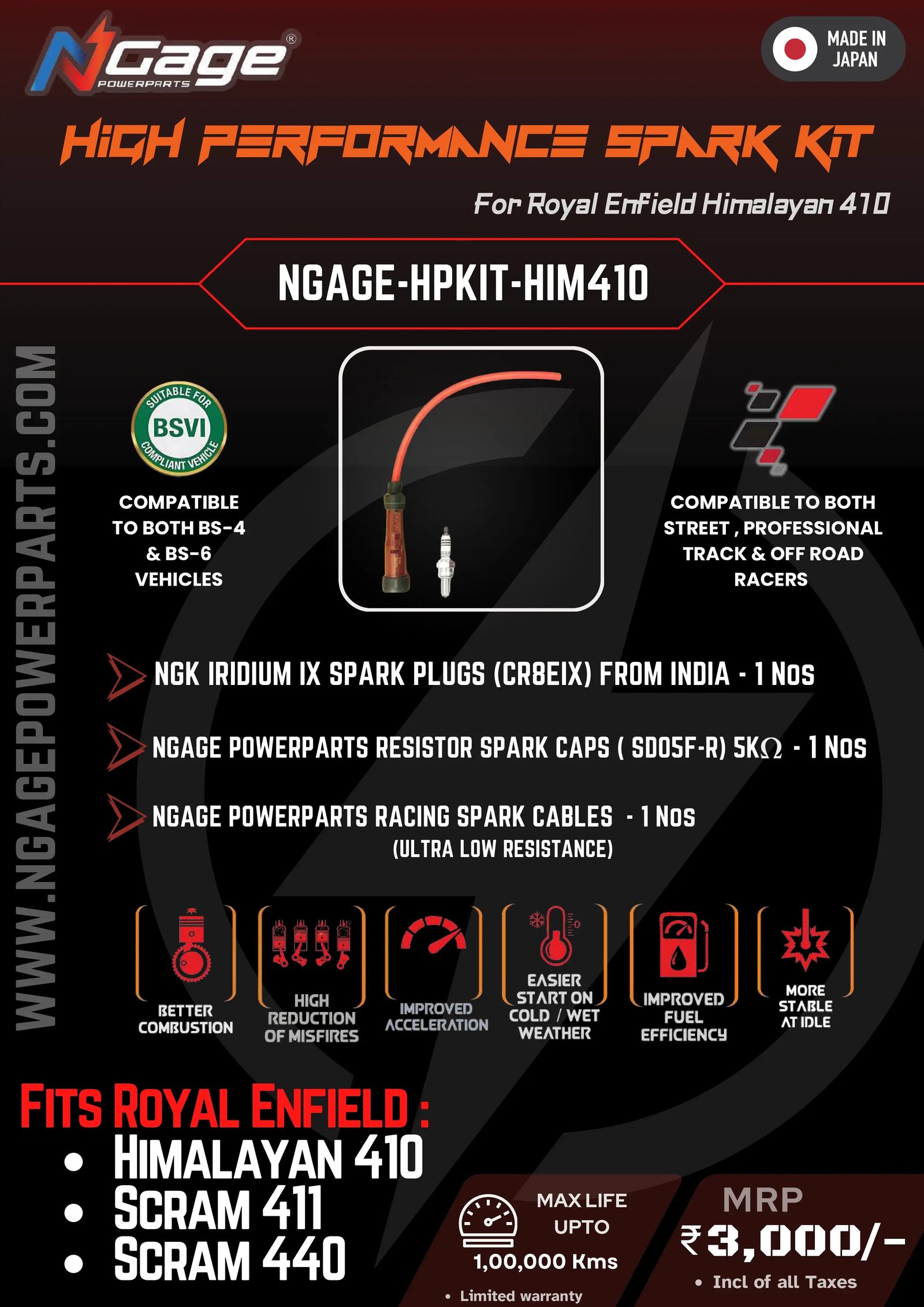 Ngage High Performance Ignition Kit for Royal Enfield Himalayan 410 / Scram 411 / Scram 440 – NGK Iridium IX Spark Plug + Racing Cable + Resistor Cap (NGAGE-HPKIT-HIM410) image 2