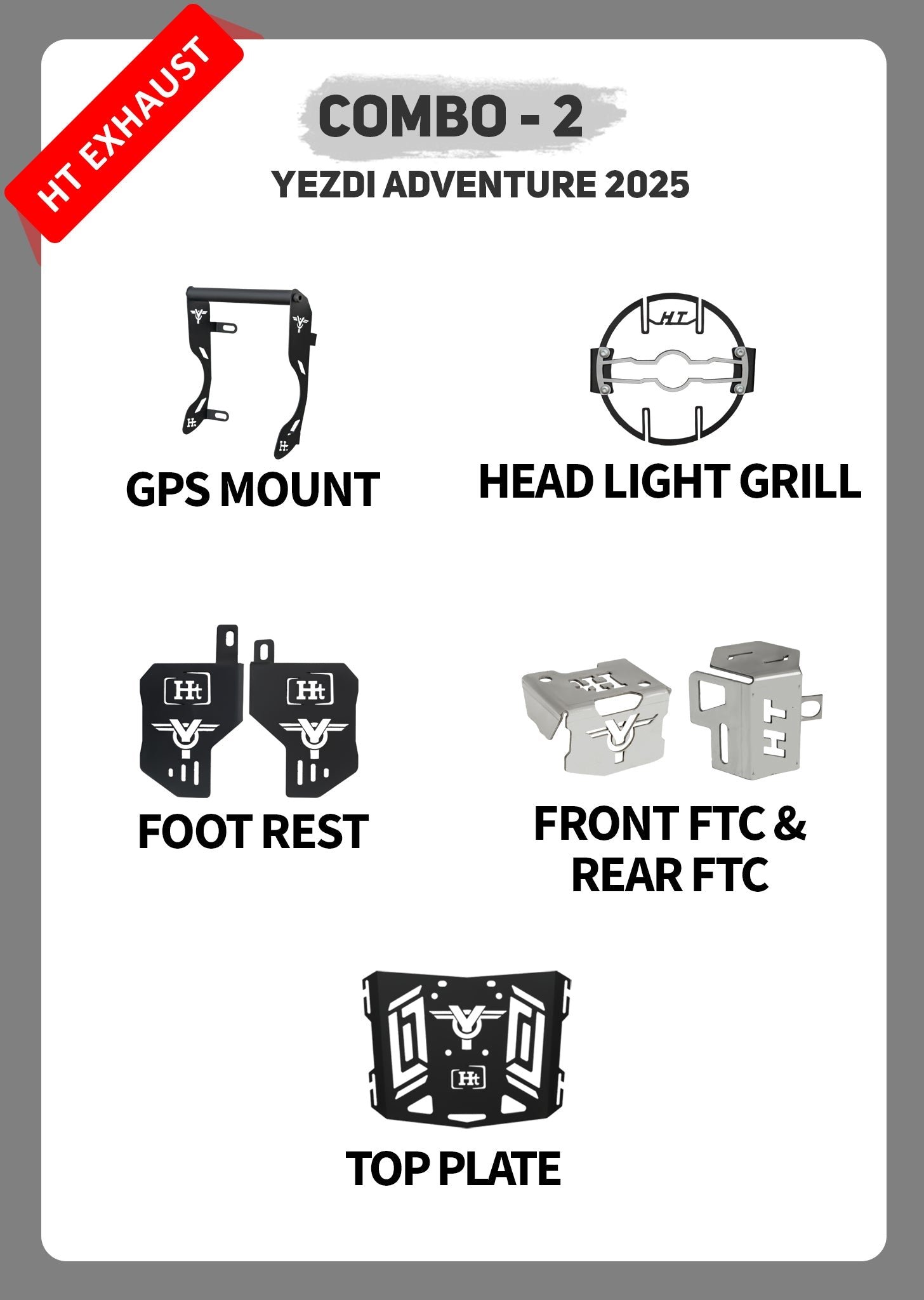 COMBO 2 YEZDI ADVENTURE GPS MOUNT + HEAD LIGHT GRILL + FOOTREST + FTC FRONT & REAR + TOP PLATE
