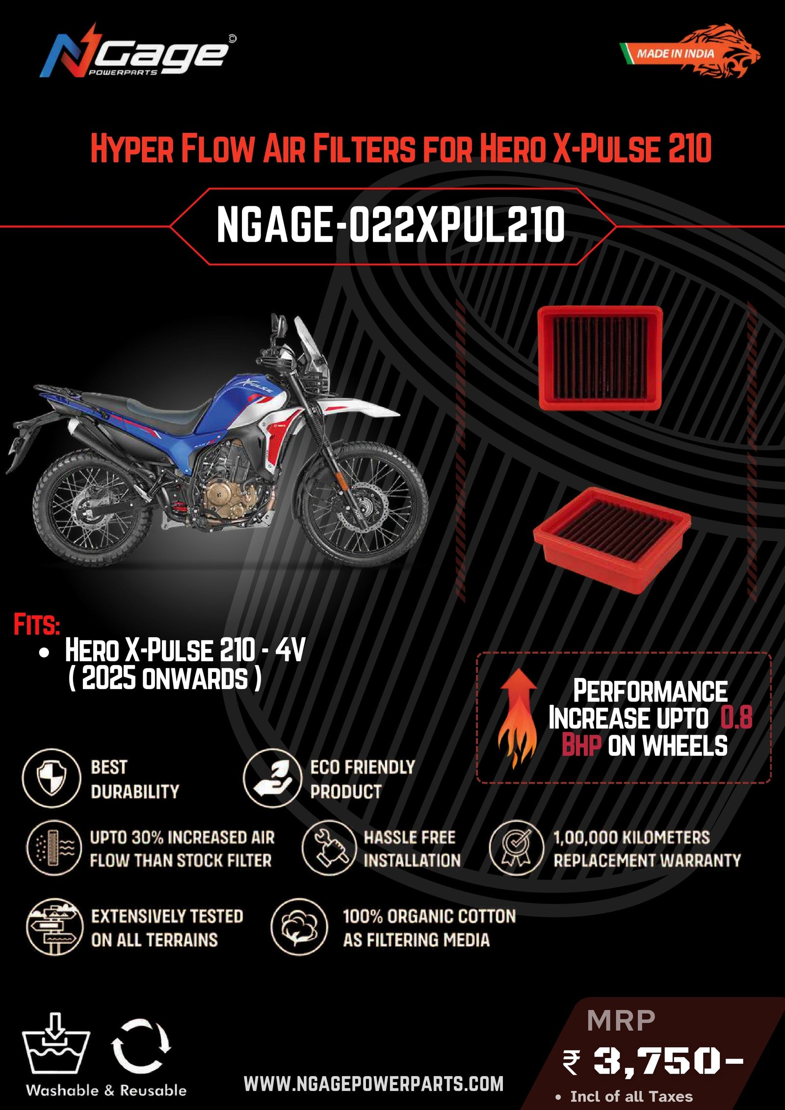 Ngage Hyper Flow Air Filter for Hero XPulse 210 (2025 Onwards) – NGAGE-022XPUL210 | High Performance Washable Air Filter