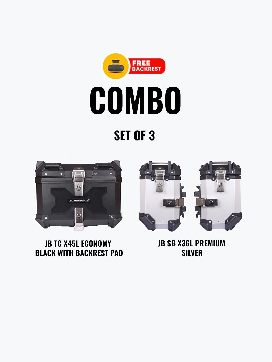 Set Of 3 Combo Of Jb Tc X45L Economy Black With Backrest Pad + Jb Sb X 36L Premium Silver